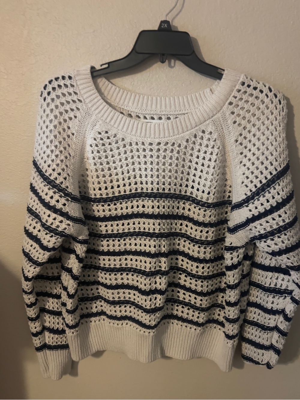 Sonoma White and Navy Open-Knit Crewneck Sweater